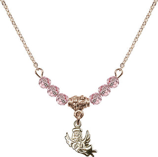18" Hamilton Gold Plated Necklace with 4mm Light Rose Crystal Beads featuring a 14kt Gold Filled Guardian Angel Medal.
