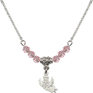 18" Rhodium Plated Necklace with 4mm Light Rose Crystal Beads featuring a Sterling Silver Guardian Angel Medal.