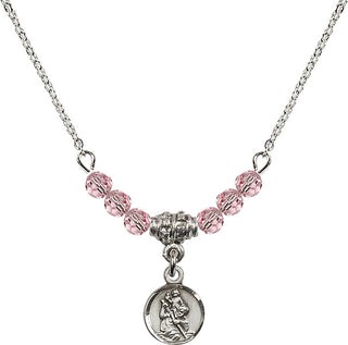 18" Rhodium Plated Necklace with 4mm Light Rose Crystal Beads featuring a Sterling Silver Saint Christopher Medal.