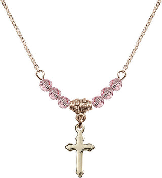18" Hamilton Gold Plated Necklace with 4mm Light Rose Crystal Beads featuring a 14kt Gold Filled Cross Medal.