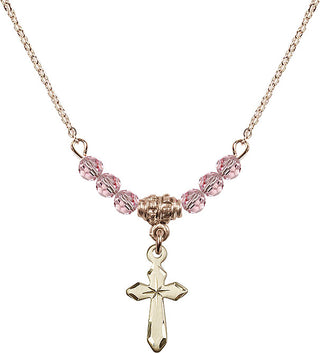 18" Hamilton Gold Plated Necklace with 4mm Light Rose Crystal Beads featuring a 14kt Gold Filled Cross Medal.
