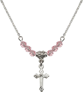 18" Rhodium Plated Necklace with 4mm Light Rose Crystal Beads featuring a Sterling Silver Cross Medal.