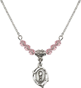 18" Rhodium Plated Necklace with 4mm Light Rose Crystal Beads featuring a Sterling Silver Communion Medal.