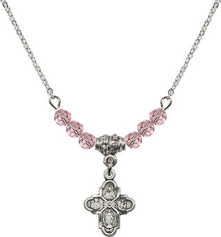 18" Rhodium Plated Necklace with 4mm Light Rose Crystal Beads featuring a Sterling Silver 4-Way Medal.