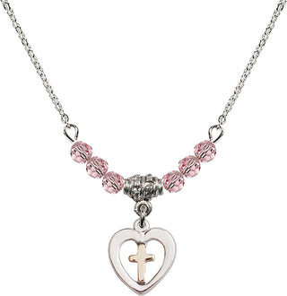 18" Rhodium Plated Necklace with 4mm Light Rose Crystal Beads featuring a Gold Filled / Sterling Silver Heart / Cross Medal.