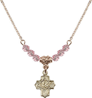 18" Hamilton Gold Plated Necklace with 4mm Light Rose Crystal Beads featuring a 14kt Gold Filled 5-Way Medal.