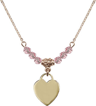 18" Hamilton Gold Plated Necklace with 4mm Light Rose Crystal Beads featuring a 14kt Gold Filled Heart Medal. Engraved Catholic Saint Jewelry