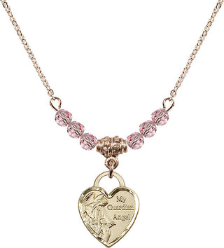 18" Hamilton Gold Plated Necklace with 4mm Light Rose Crystal Beads featuring a 14kt Gold Filled Guardian Angel Heart Medal. Engraved Catholic Saint Jewelry