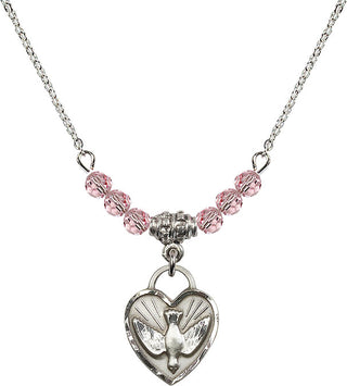 18" Rhodium Plated Necklace with 4mm Light Rose Crystal Beads featuring a Sterling Silver Confirmation Heart Medal. Engraved Catholic Saint Jewelry