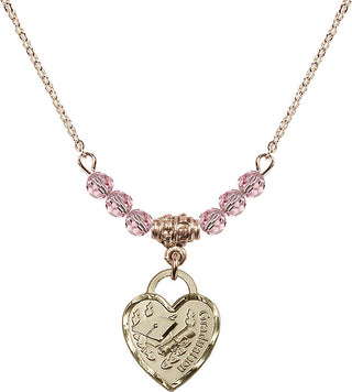 18" Hamilton Gold Plated Necklace with 4mm Light Rose Crystal Beads featuring a 14kt Gold Filled Graduation Heart Medal. Engraved Catholic Saint Jewelry