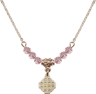 18" Hamilton Gold Plated Necklace with 4mm Light Rose Crystal Beads featuring a 14kt Gold Filled Jerusalem Cross Medal.
