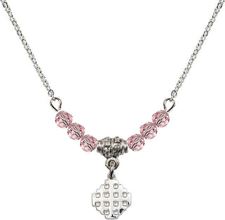 18" Rhodium Plated Necklace with 4mm Light Rose Crystal Beads featuring a Sterling Silver Jerusalem Cross Medal.