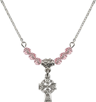 18" Rhodium Plated Necklace with 4mm Light Rose Crystal Beads featuring a Sterling Silver Celtic Cross Medal.