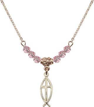 18" Hamilton Gold Plated Necklace with 4mm Light Rose Crystal Beads featuring a 14kt Gold Filled Fish / Cross Medal.