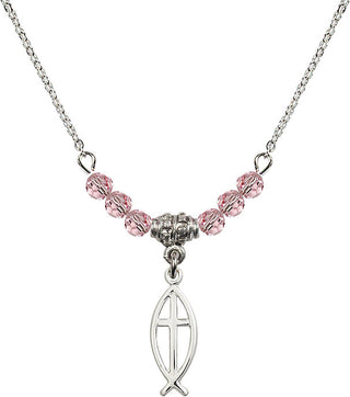 18" Rhodium Plated Necklace with 4mm Light Rose Crystal Beads featuring a Sterling Silver Fish / Cross Medal.