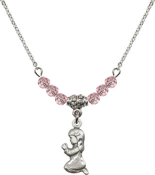 18" Rhodium Plated Necklace with 4mm Light Rose Crystal Beads featuring a Sterling Silver Praying Girl Medal.