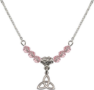 18" Rhodium Plated Necklace with 4mm Light Rose Crystal Beads featuring a Sterling Silver Trinity Irish Knot Medal.