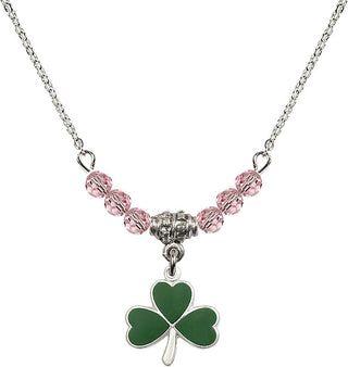 18" Rhodium Plated Necklace with 4mm Light Rose Crystal Beads featuring a Sterling Silver Shamrock Medal.