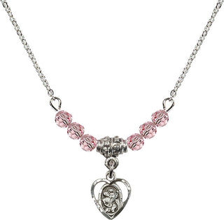 18" Rhodium Plated Necklace with 4mm Light Rose Crystal Beads featuring a Sterling Silver Saint Christopher Medal. Engraved Catholic Saint Jewelry