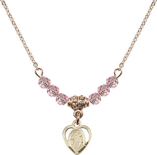 18" Hamilton Gold Plated Necklace with 4mm Light Rose Crystal Beads featuring a 14kt Gold Filled Guardian Angel Medal. Engraved Catholic Saint Jewelry