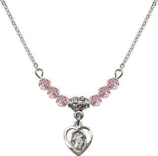 18" Rhodium Plated Necklace with 4mm Light Rose Crystal Beads featuring a Sterling Silver Guardian Angel Medal. Engraved Catholic Saint Jewelry