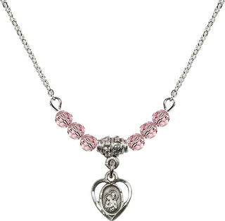 18" Rhodium Plated Necklace with 4mm Light Rose Crystal Beads featuring a Sterling Silver Saint Ann Medal. Engraved Catholic Saint Jewelry