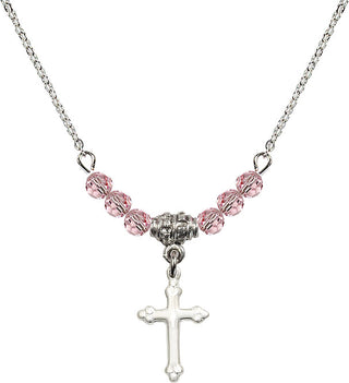 18" Rhodium Plated Necklace with 4mm Light Rose Crystal Beads featuring a Sterling Silver Cross Medal.