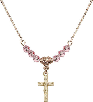 18" Hamilton Gold Plated Necklace with 4mm Light Rose Crystal Beads featuring a 14kt Gold Filled Crucifix Medal.