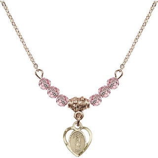 18" Hamilton Gold Plated Necklace with 4mm Light Rose Crystal Beads featuring a 14kt Gold Filled Our Lady of Guadalupe Medal.