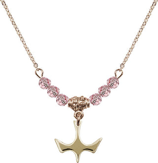18" Hamilton Gold Plated Necklace with 4mm Light Rose Crystal Beads featuring a 14kt Gold Filled Holy Spirit Medal.