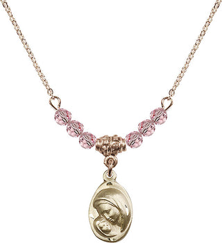 18" Hamilton Gold Plated Necklace with 4mm Light Rose Crystal Beads featuring a 14kt Gold Filled Madonna & Child Medal.