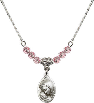 18" Rhodium Plated Necklace with 4mm Light Rose Crystal Beads featuring a Sterling Silver Madonna & Child Medal.