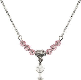 18" Rhodium Plated Necklace with 4mm Light Rose Crystal Beads featuring a Sterling Silver Chalice Medal.