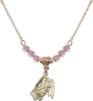 18" Hamilton Gold Plated Necklace with 4mm Light Rose Crystal Beads featuring a 14kt Gold Filled Guardian Angel Medal.