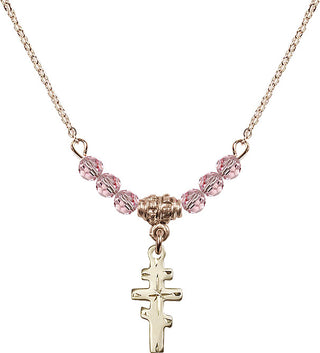18" Hamilton Gold Plated Necklace with 4mm Light Rose Crystal Beads featuring a 14kt Gold Filled Greek Orthadox Cross Medal.