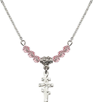 18" Rhodium Plated Necklace with 4mm Light Rose Crystal Beads featuring a Sterling Silver Greek Orthadox Cross Medal.