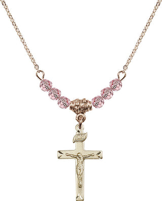 18" Hamilton Gold Plated Necklace with 4mm Light Rose Crystal Beads featuring a 14kt Gold Filled Crucifix Medal.