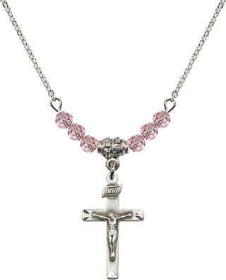 18" Rhodium Plated Necklace with 4mm Light Rose Crystal Beads featuring a Sterling Silver Crucifix Medal.