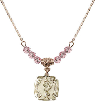 18" Hamilton Gold Plated Necklace with 4mm Light Rose Crystal Beads featuring a 14kt Gold Filled Saint Florian Medal. Engraved Catholic Saint Jewelry