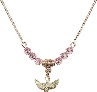 18" Hamilton Gold Plated Necklace with 4mm Light Rose Crystal Beads featuring a 14kt Gold Filled Holy Spirit Medal.