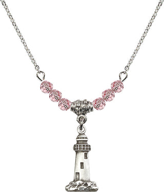 18" Rhodium Plated Necklace with 4mm Light Rose Crystal Beads featuring a Sterling Silver Lighthouse Medal.