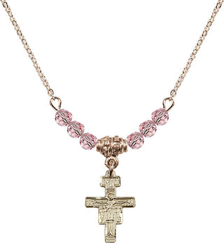 18" Hamilton Gold Plated Necklace with 4mm Light Rose Crystal Beads featuring a 14kt Gold Filled San Damiano Crucifix Medal.