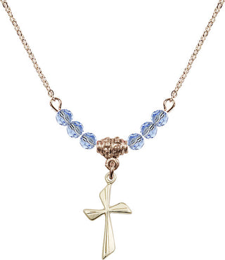 18" Hamilton Gold Plated Necklace with 4mm Light Sapphire Crystal Beads featuring a 14kt Gold Filled Cross Medal.