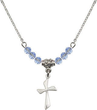 18" Rhodium Plated Necklace with 4mm Light Sapphire Crystal Beads featuring a Sterling Silver Cross Medal.