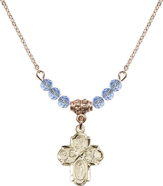 18" Hamilton Gold Plated Necklace with 4mm Light Sapphire Crystal Beads featuring a 14kt Gold Filled 4-Way Medal.