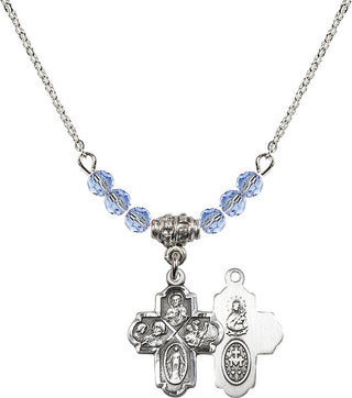 18" Rhodium Plated Necklace with 4mm Light Sapphire Crystal Beads featuring a Sterling Silver 4-Way Medal.