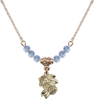 18" Hamilton Gold Plated Necklace with 4mm Light Sapphire Crystal Beads featuring a 14kt Gold Filled Rose Medal.