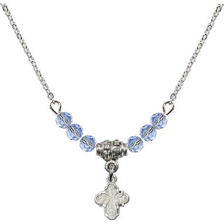 18" Rhodium Plated Necklace with 4mm Light Sapphire Crystal Beads featuring a Sterling Silver 4-Way Medal.
