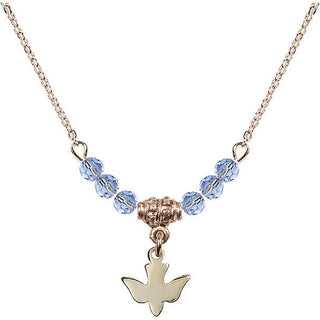 18" Hamilton Gold Plated Necklace with 4mm Light Sapphire Crystal Beads featuring a 14kt Gold Filled Holy Spirit Medal.