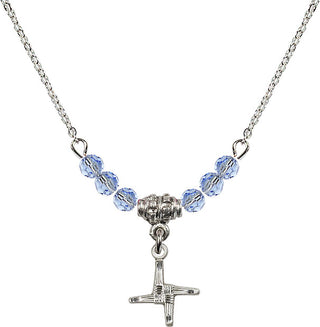 18" Rhodium Plated Necklace with 4mm Light Sapphire Crystal Beads featuring a Sterling Silver Saint Brigid Cross Medal.